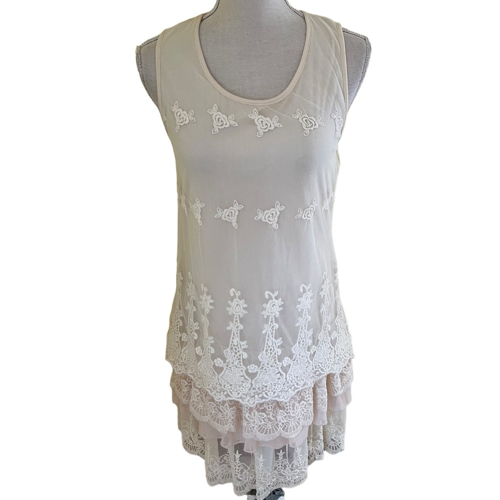 Vasna Cream Sleeveless Embroidered Lace Mini Dress S